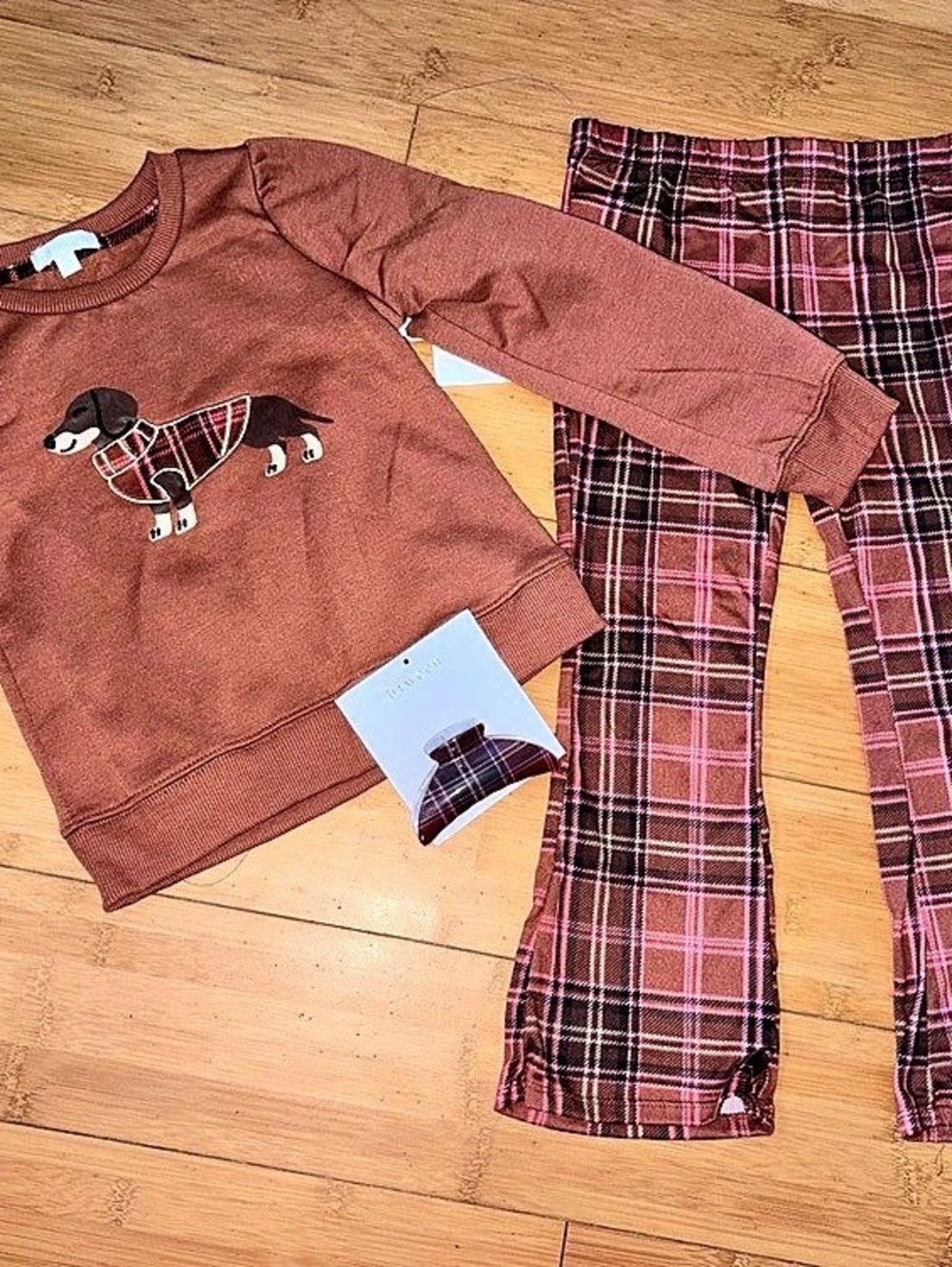 NWT Girl’s Size 5 Plaid Dog Outfit - Crewneck Top & Flare Pants Set Dachshund